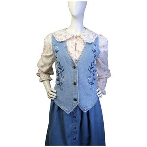Vintage Floral Embroidered Denim Vest | Cottagecore Western | Size Large